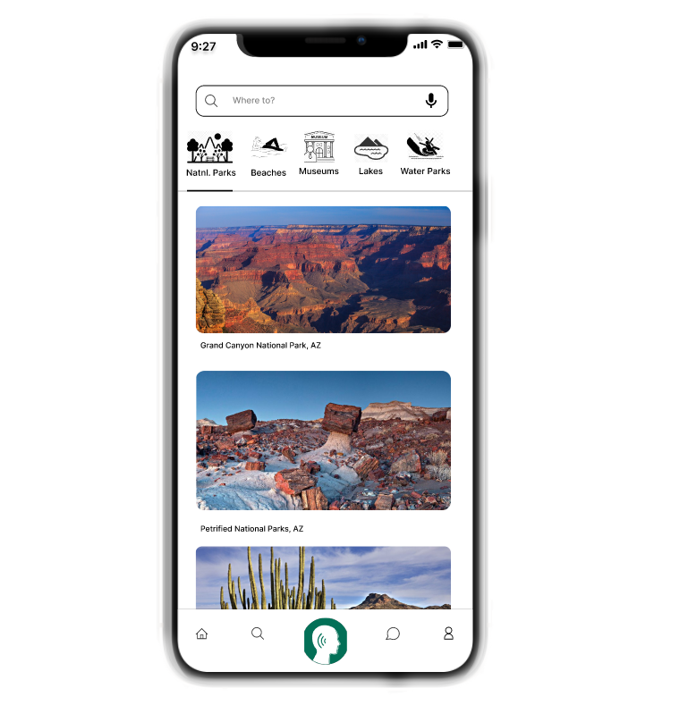 Search results listing categories like national parks and Grand Canyon National Park