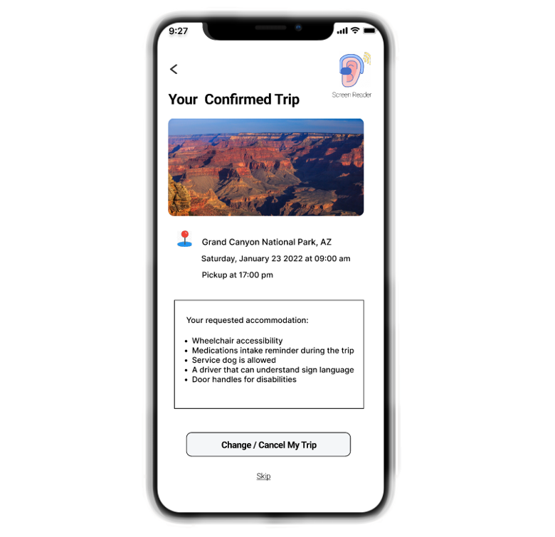 Confirmed trip to Grand Canyon with requested accessibility accommodations and change or cancel option