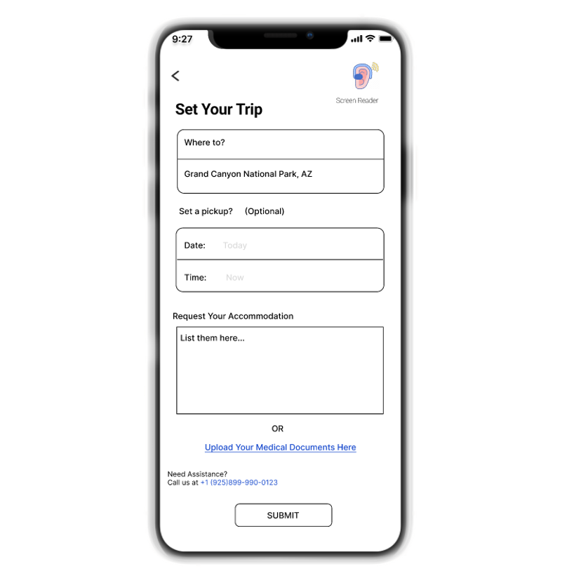 Set your trip screen with destination, pickup, accommodation request, and medical document upload