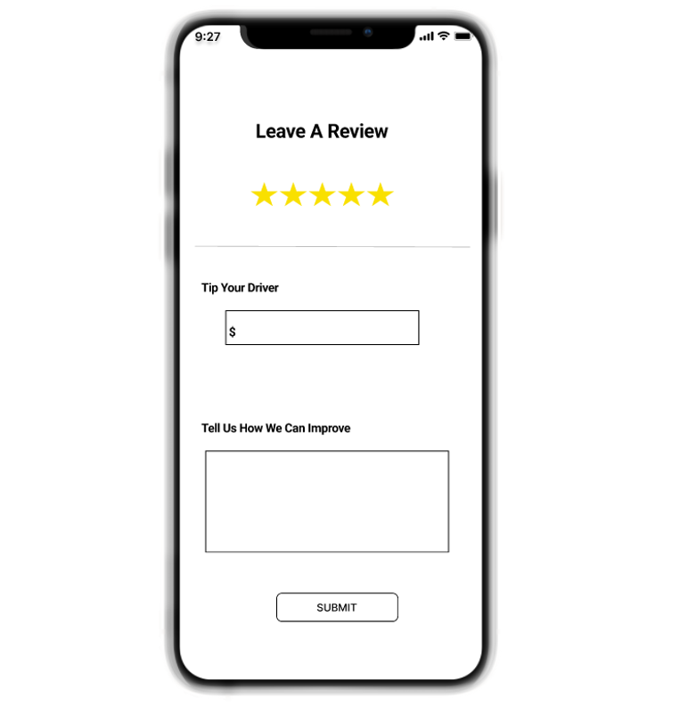 Leave a review page with tipping choices and feedback field