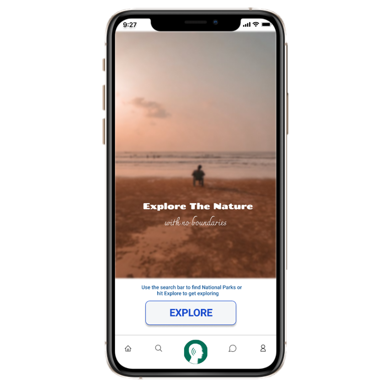 Home screen inviting users to explore nature with search bar and explore button