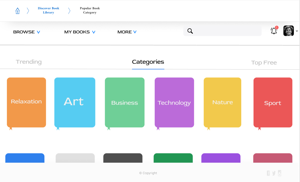 Bookworm home screen showing navigation tabs and book categories