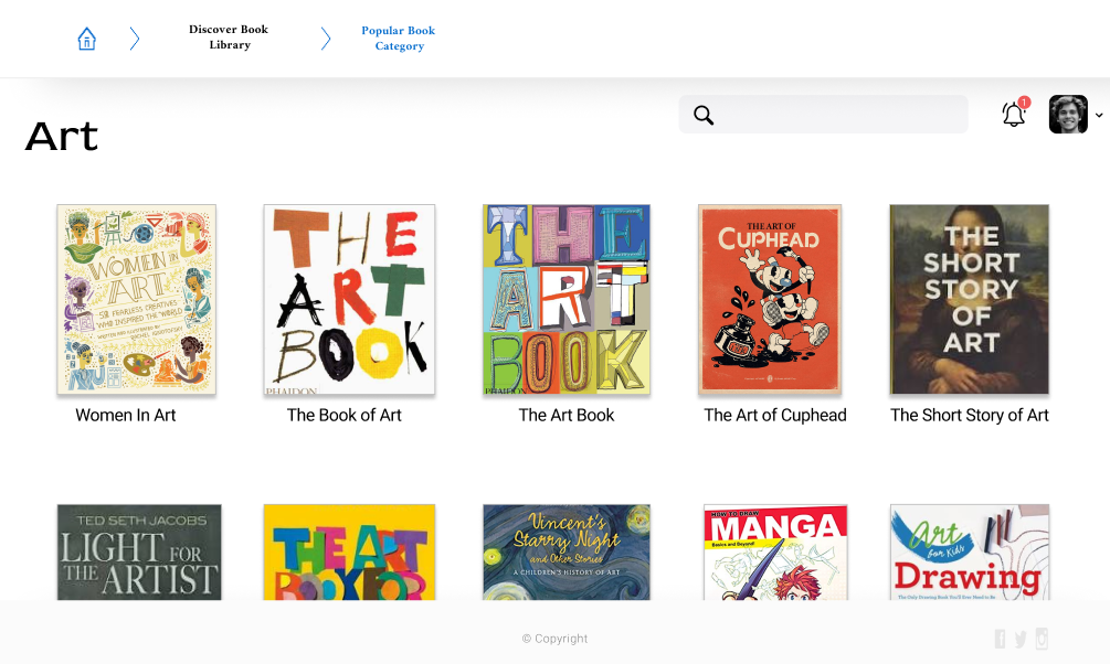 Art category page listing titles like 'Women in Art' and 'The Art Book'