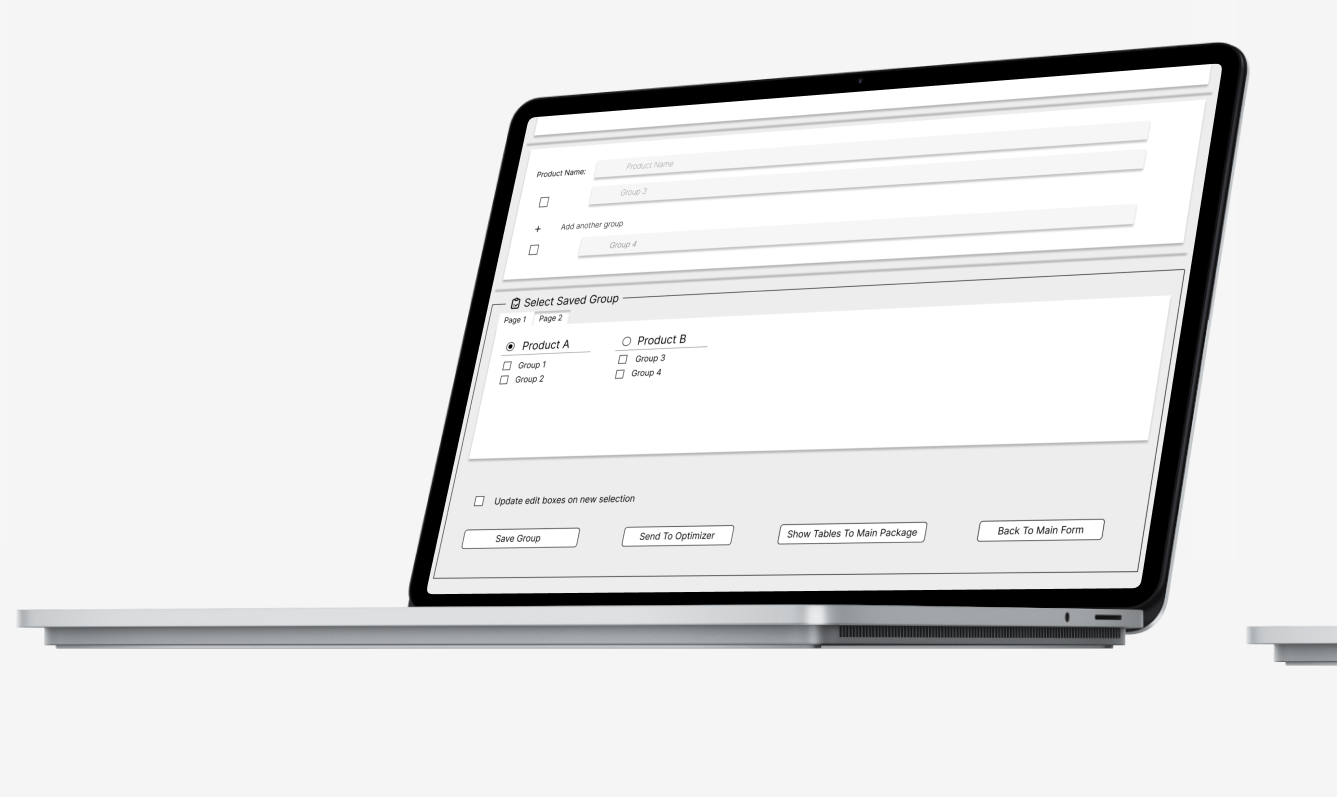 Select saved group screen with product choices and save options