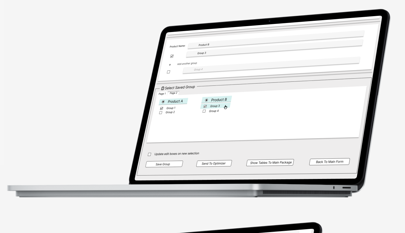 Group selection interface displaying product options and update controls