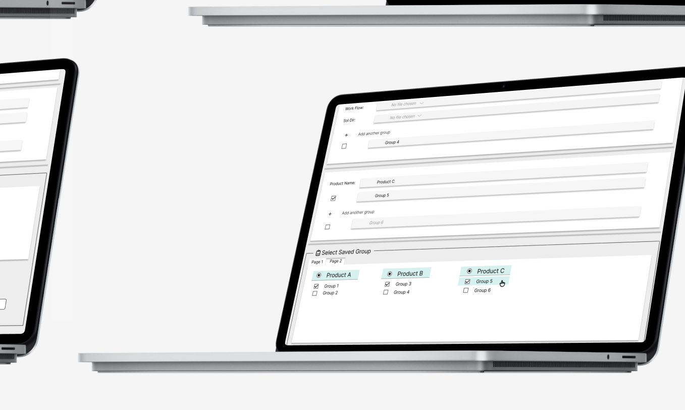 Panel for choosing products A through C with row and gap settings